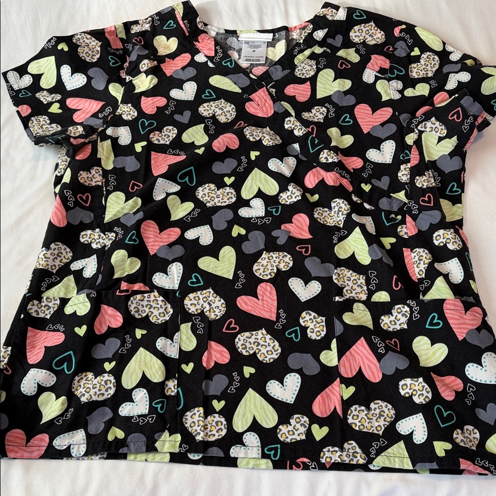 Scrubstar Heart Print Scrub Top - Black and Multicolor
